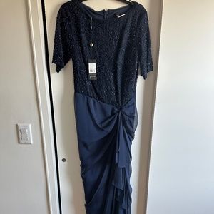 Tadashi Shoji Navy Blue Beaded Lace Sequin Drape Chiffon Dress Gown